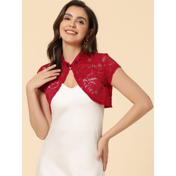 Lace Cardigan Stand Collar Short Sleeve Shrug Red - Picture 3 of 5